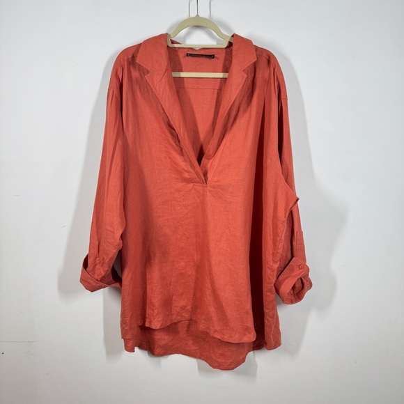 Maggie T Women's Rust Orange 100% Linen Lagenlook Tunic V-Neck Blouse Size 20 - Picture 2 of 12